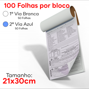 Blocos - Grande 21x30cm - 50 Folhas - 2 Vias Sulfite 75g 21x30cm 4x0 Sem Revestimento Blocagem, Grampo e Picote 